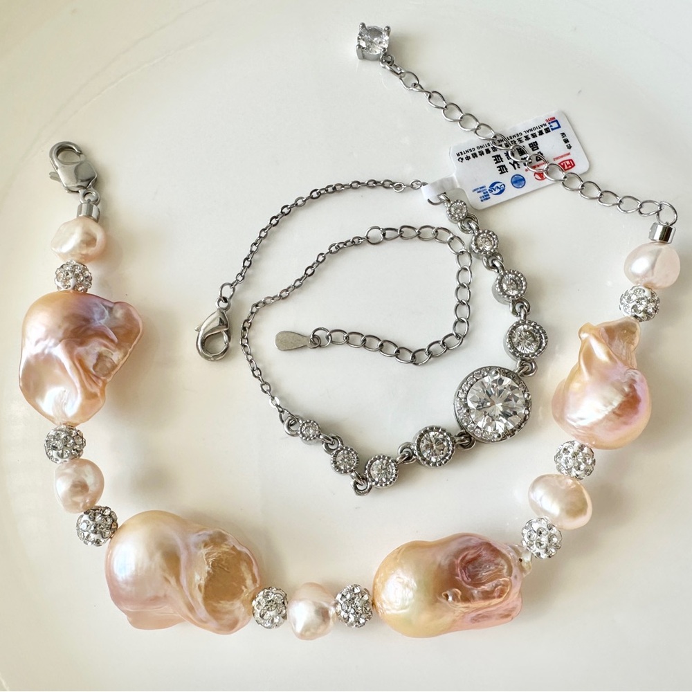 L4- Set of Freshwater Baroque Pearl Bracelet 7 inches & CZ Bracelet 6.75 in - Picture 5 of 10